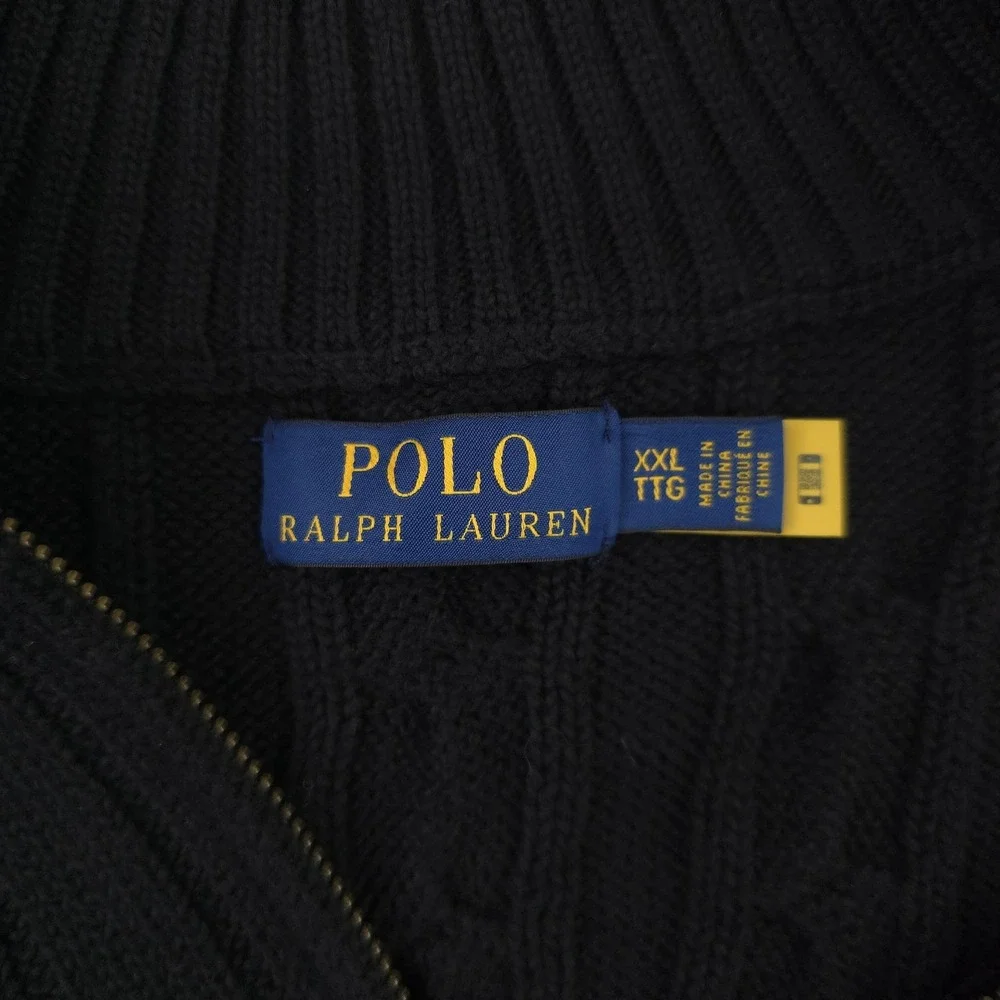 Polo Ralph Lauren Sweater Mens 2XL Black 1/4 Zip Mock Neck Cable Knit Cotton